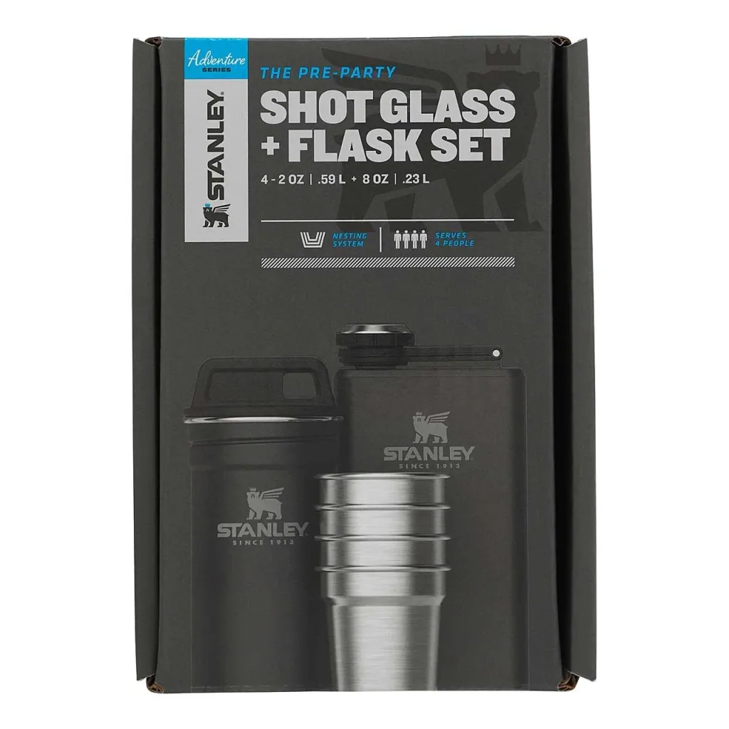 Adventure Shot & Flask Gift Set, Flasche 236 ml, 4 Edelstahl-Pinnchen, 59 ml, Edelstahlbehälter matt schwarz