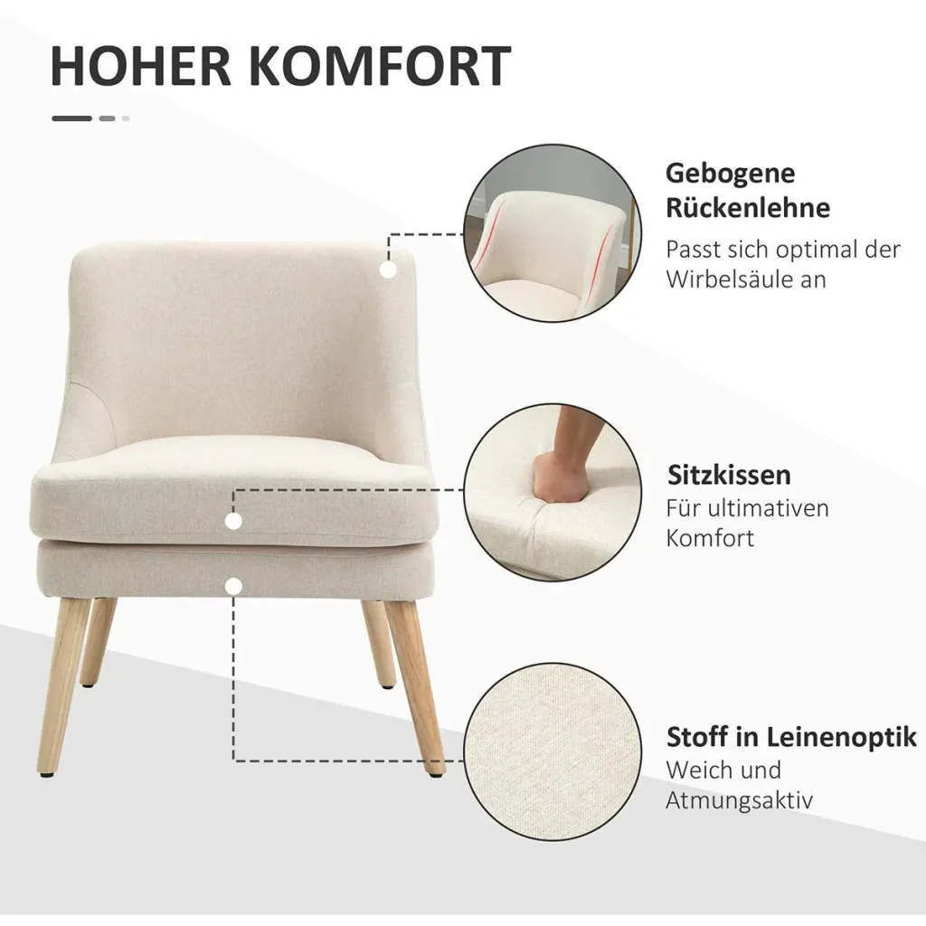 Esszimmerstuhl mit Armlehne Wohnzimmerstuhl Bürostuhl Polsterstuhl modern Leinen-Touch Holz weiß 63 x 69 x 79,5 cm