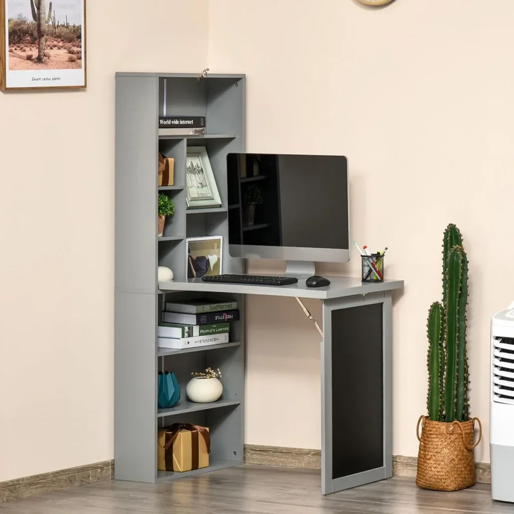 Schreibtisch klappbar mit 6 Fächer Bücherregal mit 3 Regale Computertisch Bürotisch E1 Spanplatte Metallrahmen Dunkelgra