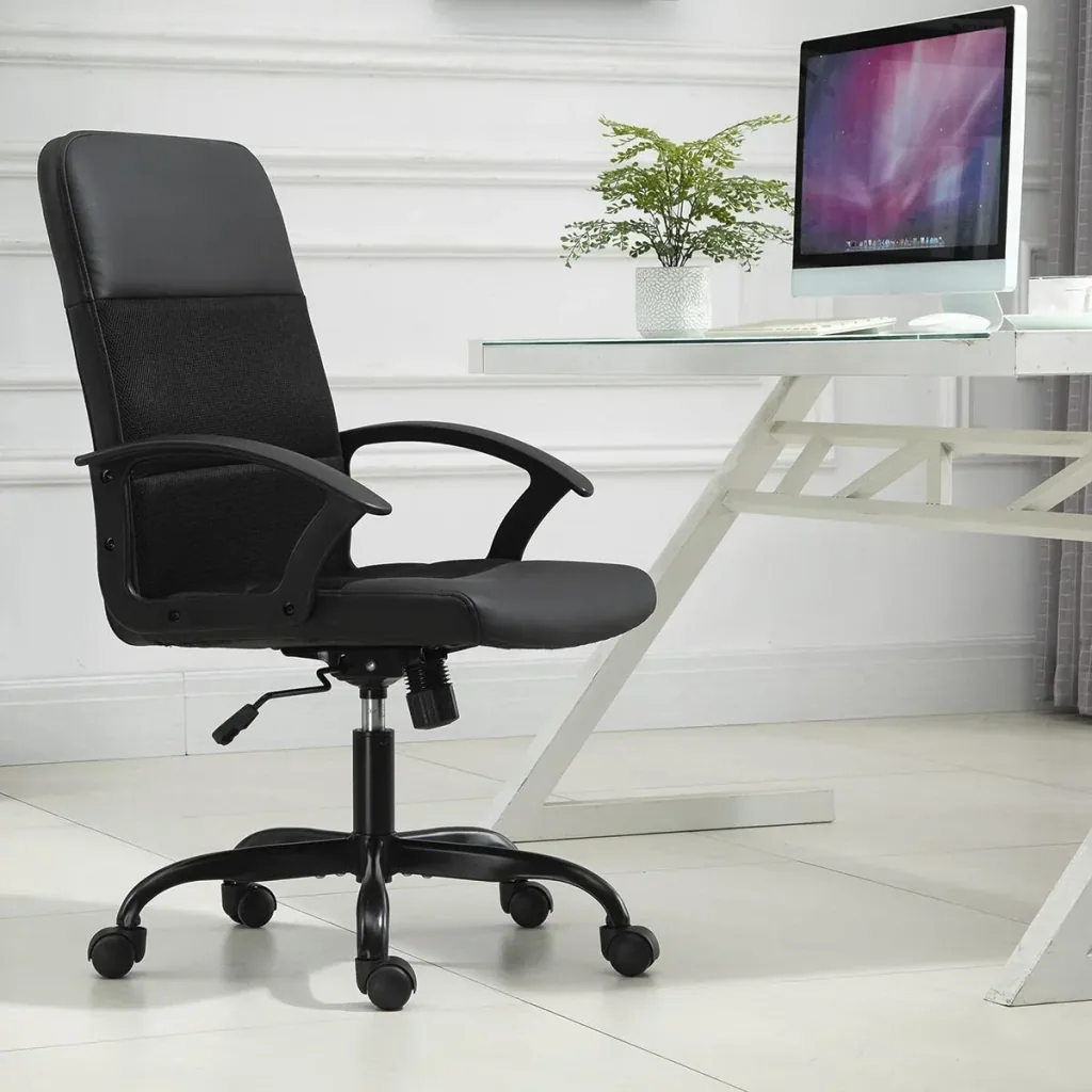 Ergonomischer Bürostuhl, Höhenverstellbarer Schreibtischstuhl, Drehstuhl, PVC + Netz Bezug, Schwarz, 60 x 64 x 99-107 cm
