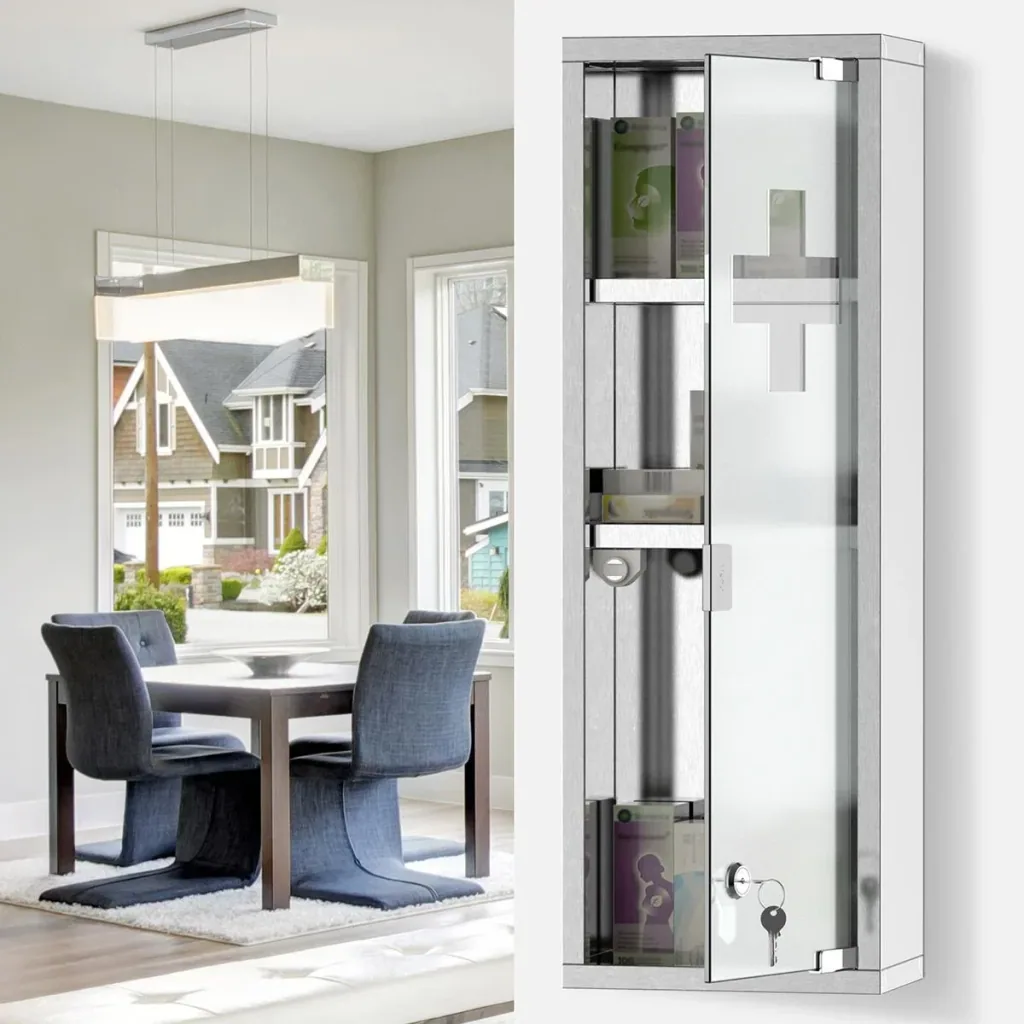 Medizinschrank Arzneischrank Erste-Hilfe-Schrank mit Schloss 3 Fächer Mattglas 430 Edelstahl+gehärtete Glastür Silber 20
