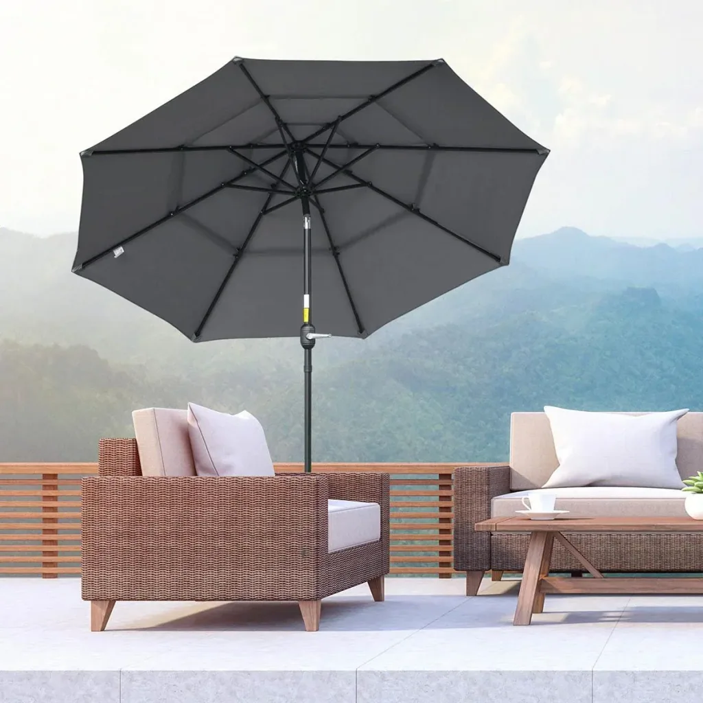 Sonnenschirm 2,6 m mit 3-stufigem Dach Stahl Polyester Dunkelgrau