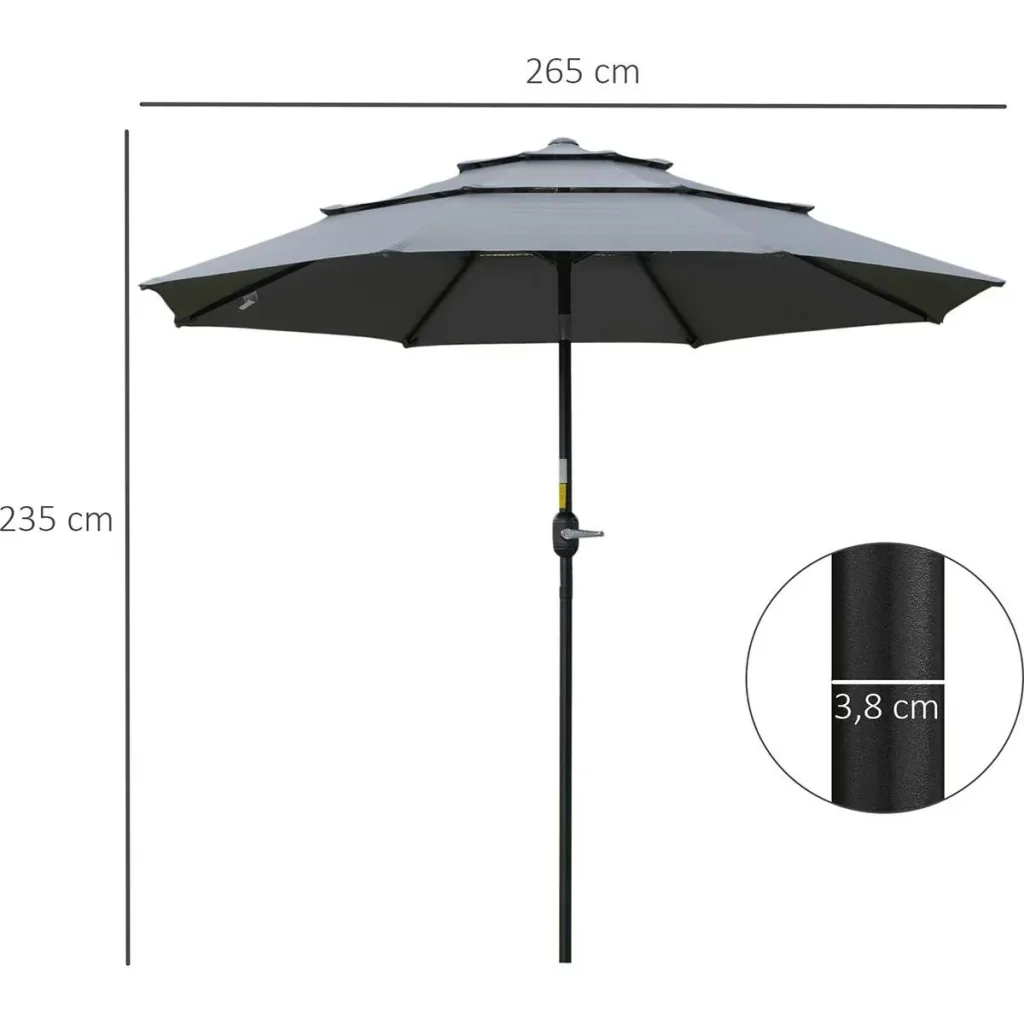 Sonnenschirm 2,6 m mit 3-stufigem Dach Stahl Polyester Dunkelgrau
