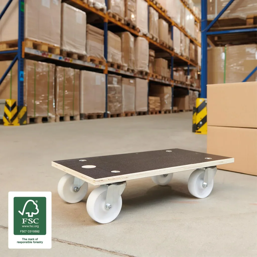 Transporthilfe MM 1111, 57,5 x 30 x 13,5 cm, harte Rollen Ø 100 mm, Rollenlager, Platte Maxigrip FSC®, Tragkraft 400 kg