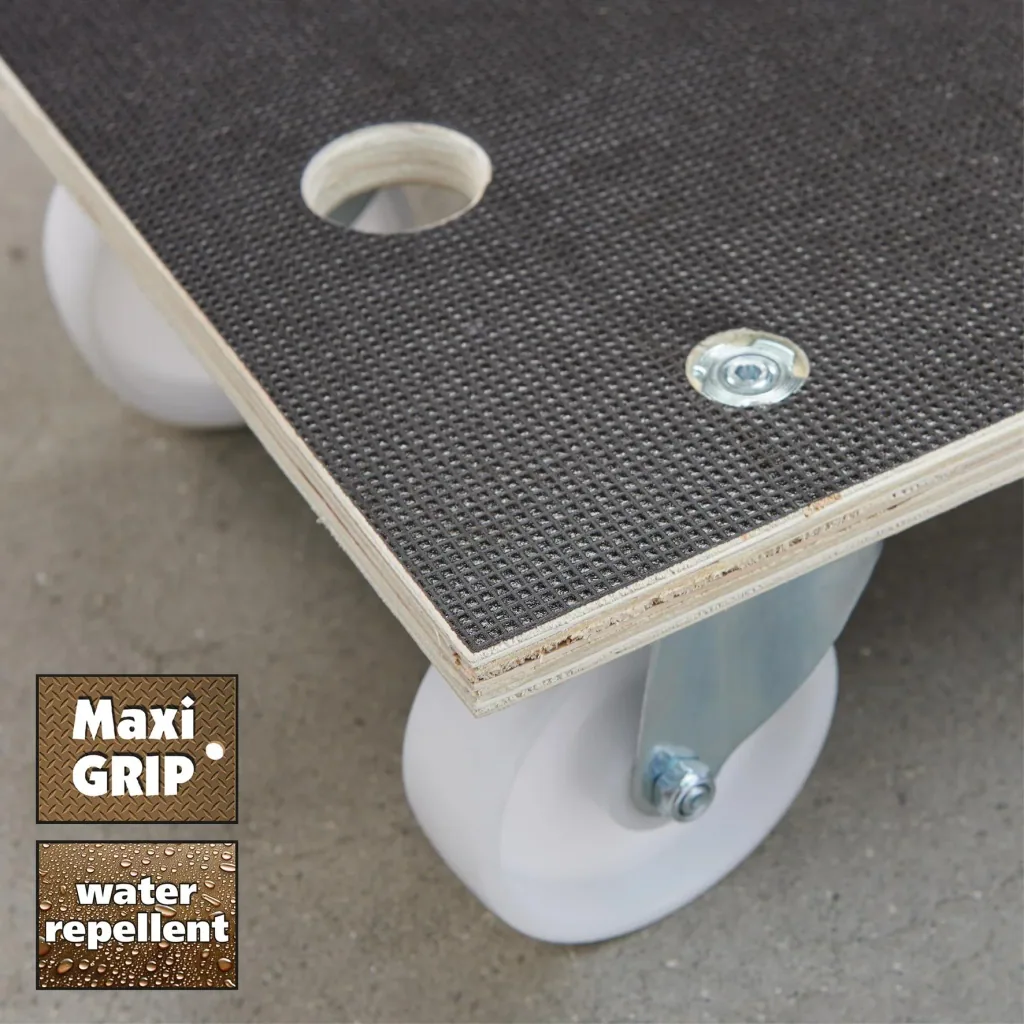 Transporthilfe MM 1111, 57,5 x 30 x 13,5 cm, harte Rollen Ø 100 mm, Rollenlager, Platte Maxigrip FSC®, Tragkraft 400 kg