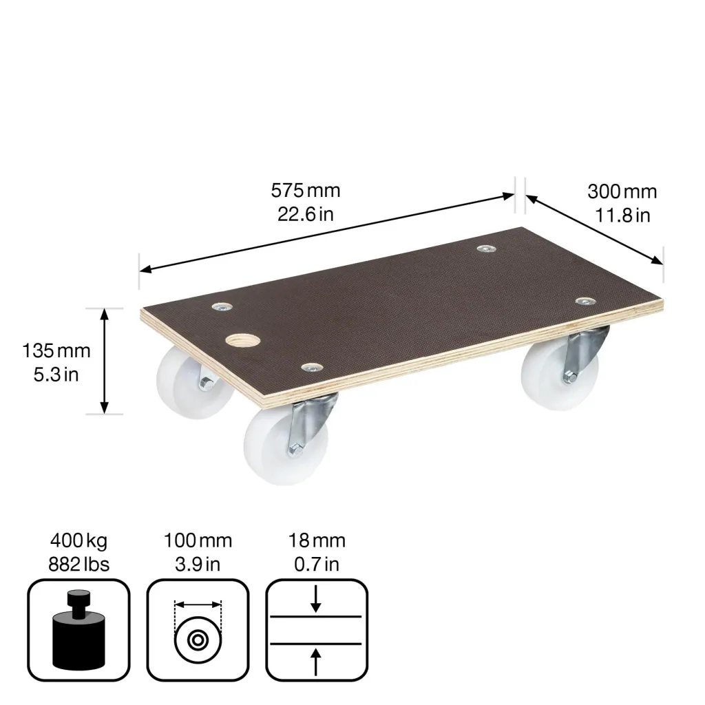 Transporthilfe MM 1111, 57,5 x 30 x 13,5 cm, harte Rollen Ø 100 mm, Rollenlager, Platte Maxigrip FSC®, Tragkraft 400 kg