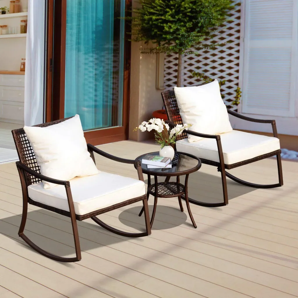 Gartengarnitur Schaukelstuhl Set 7 tlg, Rattan Braun