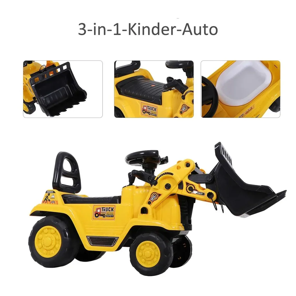 Sitzbagger mit eingebautem Ablagefach Kinder Rutschauto traktor Kinderbagger mit Hupe Gelb+Schwarz 80 x 26,5 x 39 cm