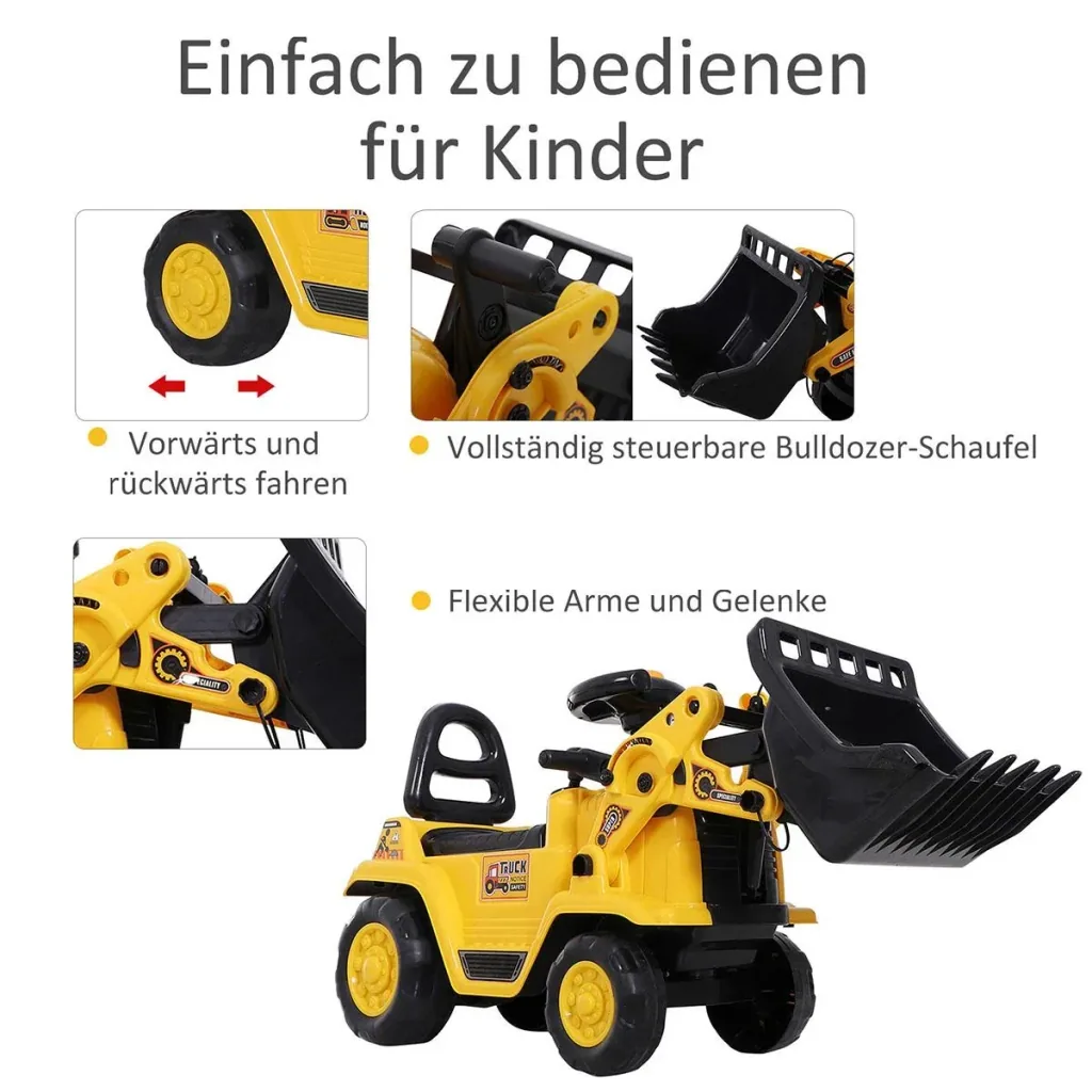 Sitzbagger mit eingebautem Ablagefach Kinder Rutschauto traktor Kinderbagger mit Hupe Gelb+Schwarz 80 x 26,5 x 39 cm