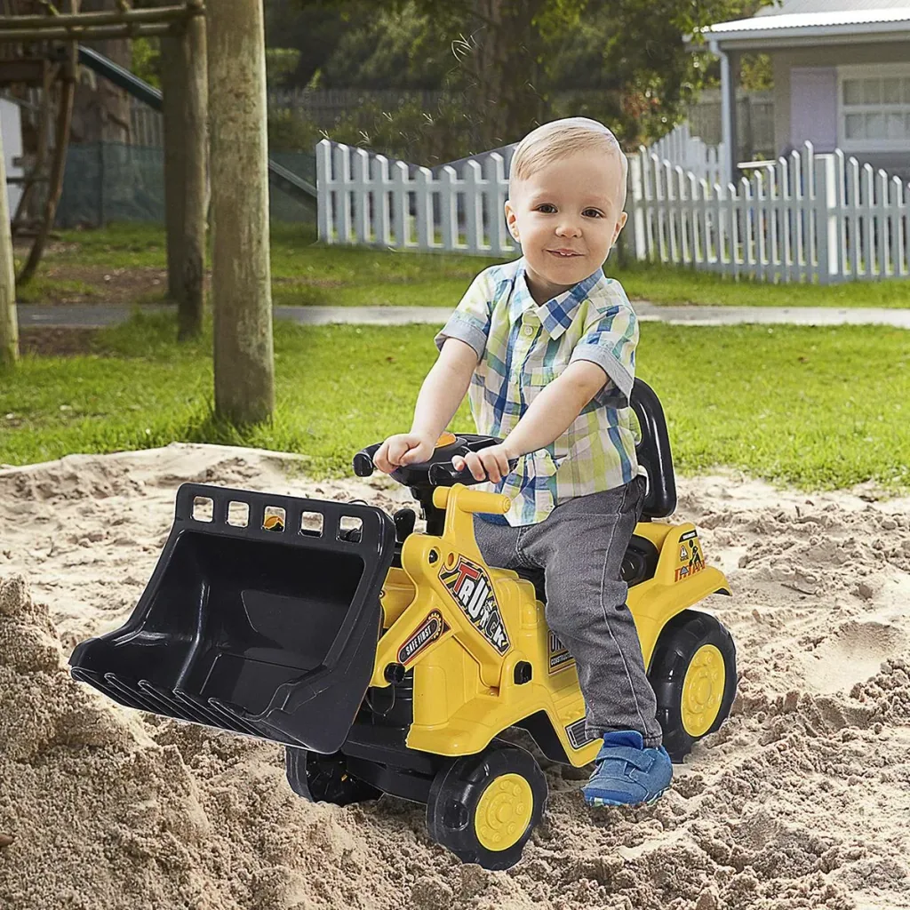 Sitzbagger mit eingebautem Ablagefach Kinder Rutschauto traktor Kinderbagger mit Hupe Gelb+Schwarz 80 x 26,5 x 39 cm