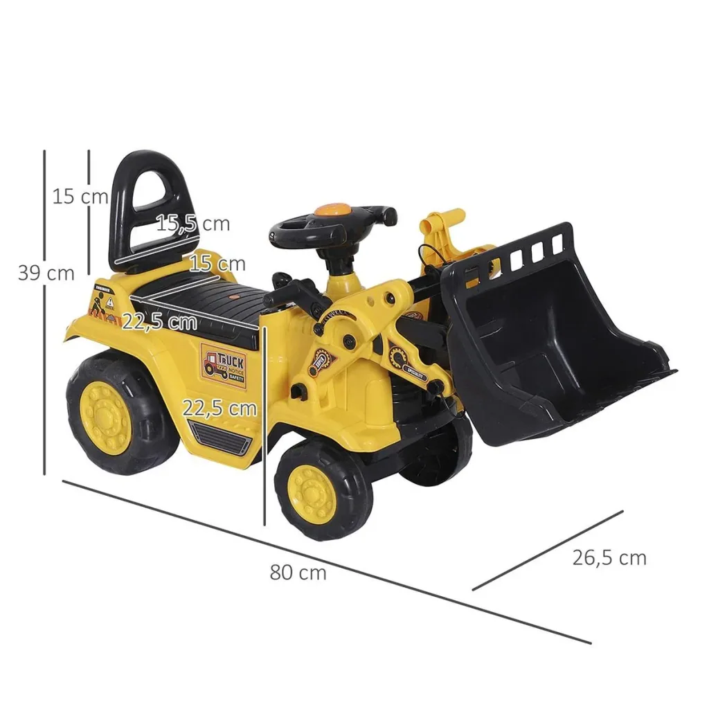 Sitzbagger mit eingebautem Ablagefach Kinder Rutschauto traktor Kinderbagger mit Hupe Gelb+Schwarz 80 x 26,5 x 39 cm