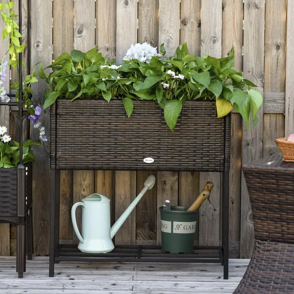 Poly Rattan Hochbeet Blumenkasten mit Füßen Blumentopf mit Ablage Braun 70 x 30 x 72 cm