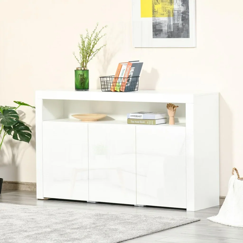 Sideboard Hochglanz Vorratsschrank Küchenschrank mit LED-Licht und Glasablage für Eingang Essbereich Wohnzimmer Material
