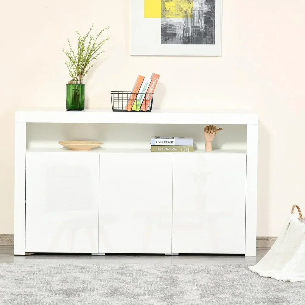 Sideboard Hochglanz Vorratsschrank Küchenschrank mit LED-Licht und Glasablage für Eingang Essbereich Wohnzimmer Material