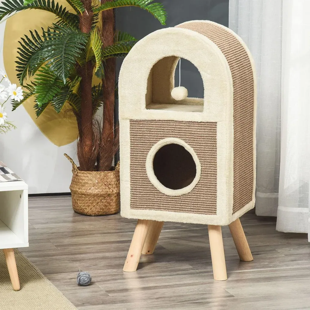 Kratzbaum Katzenhöhle mit kratzbrett Spielbällen katzenbett Kratzmatte mehrstöckig Spanplatte Plüsch Sisal Kaffee 40 x 3