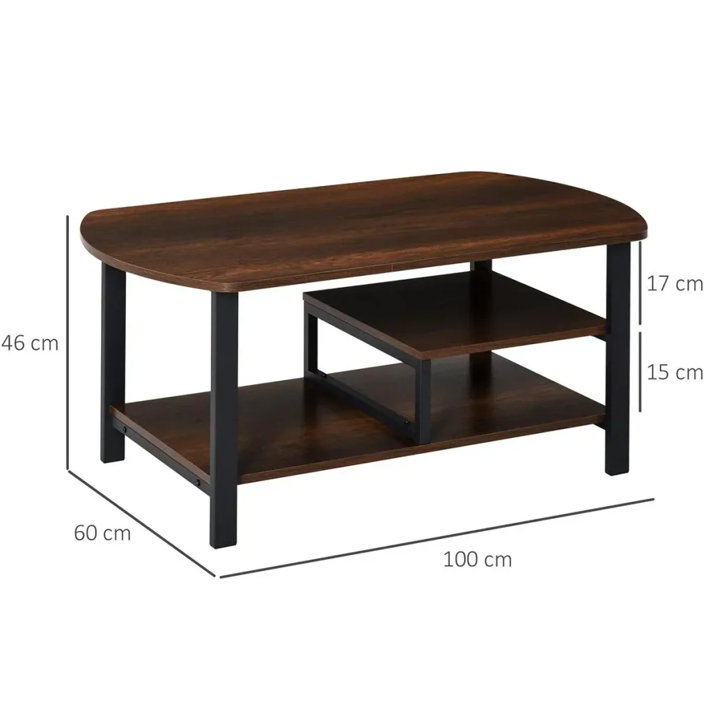 Couchtisch mit Ablageflächen industrieller Stil, E1 Spanplatte, Stahl, Braun, 100L x 60B x 46H cm