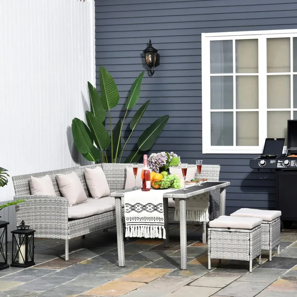 5-tlg. Gartenmöbel Set, Rattan Sitzgruppe mit Fußhocker, Metall, Grau, 134 x 60 x 75 cm