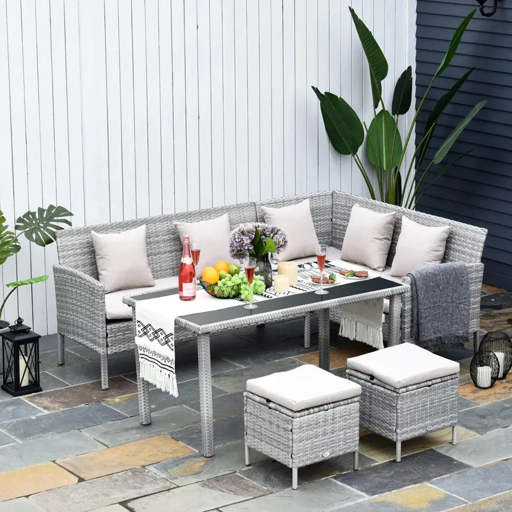 5-tlg. Gartenmöbel Set, Rattan Sitzgruppe mit Fußhocker, Metall, Grau, 134 x 60 x 75 cm