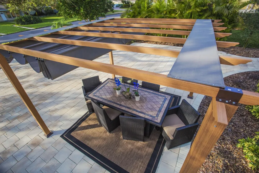 Paragon Outdoor Pergola Florida 350×350×235 cm Aluminium Holzoptik – inkl. verstellbarem Sonnensegel