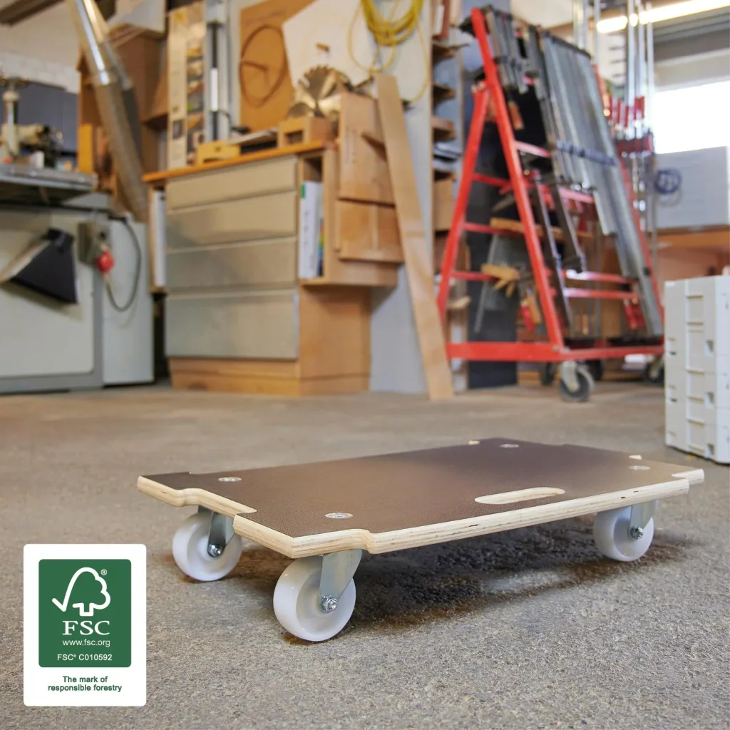 Transporthilfe MM 1383, 59 x 39 x 11 cm, harte Rollen Ø 75 mm, Rollenlager, Platte Maxigrip FSC®, Tragkraft 250 kg