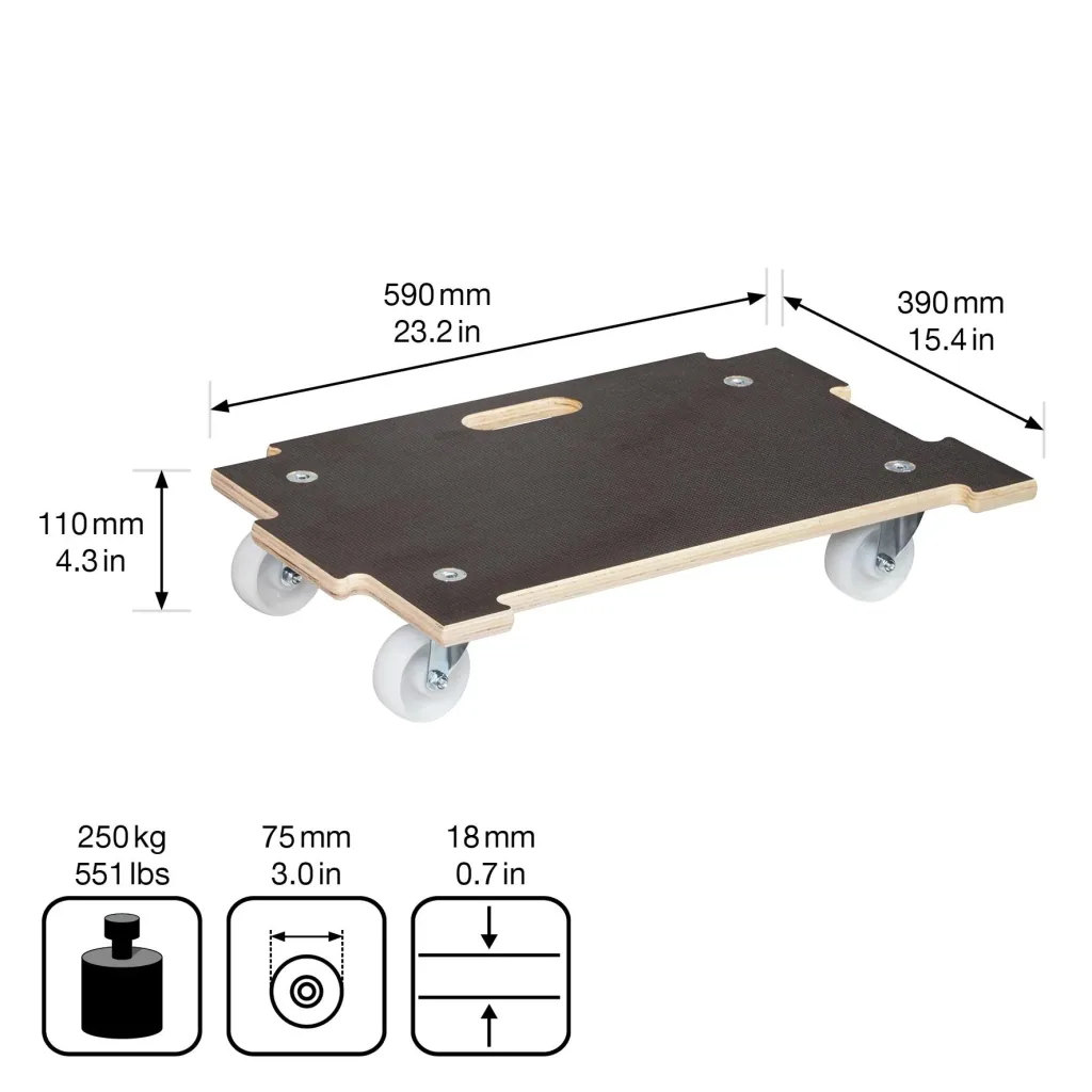 Transporthilfe MM 1383, 59 x 39 x 11 cm, harte Rollen Ø 75 mm, Rollenlager, Platte Maxigrip FSC®, Tragkraft 250 kg