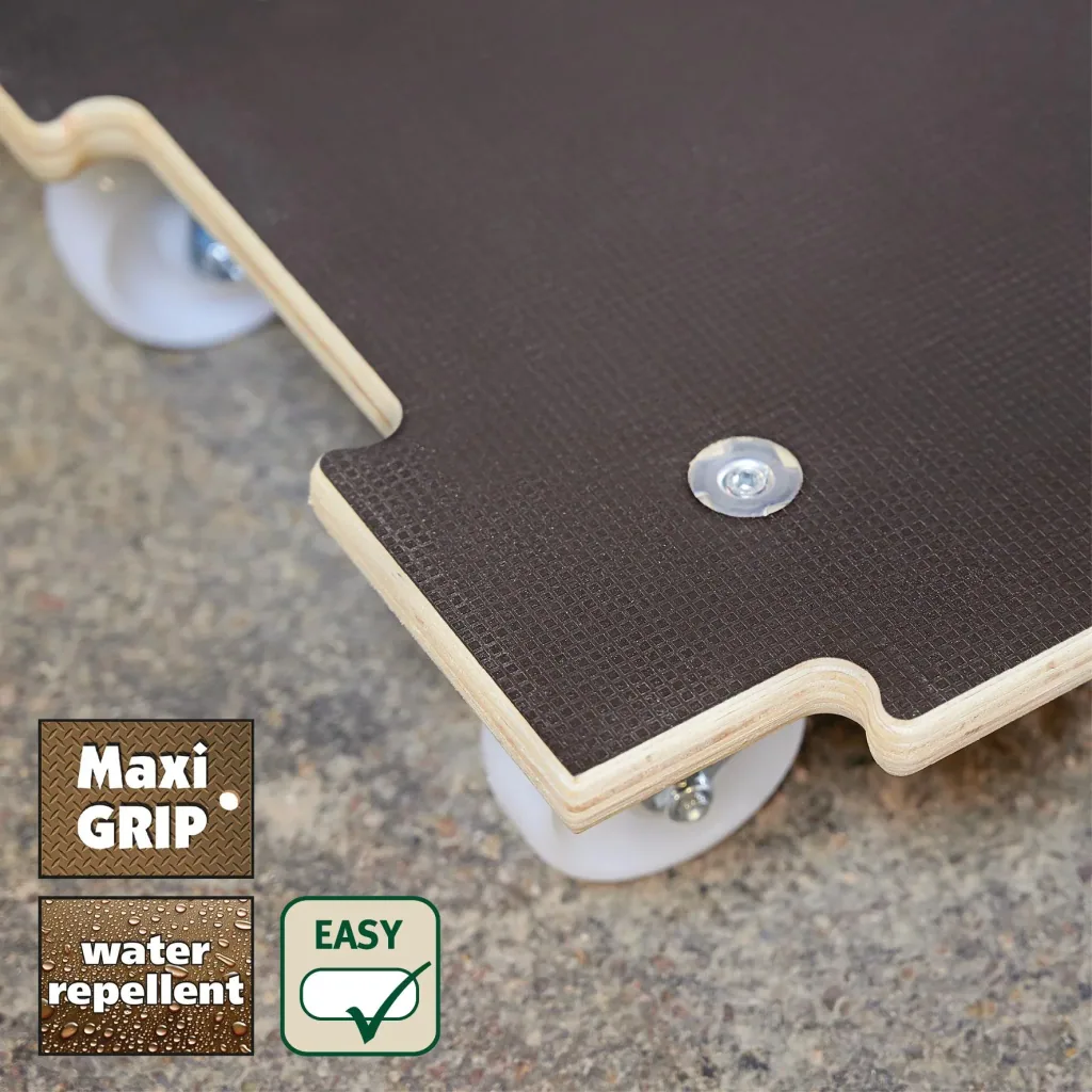 Transporthilfe MM 1383, 59 x 39 x 11 cm, harte Rollen Ø 75 mm, Rollenlager, Platte Maxigrip FSC®, Tragkraft 250 kg