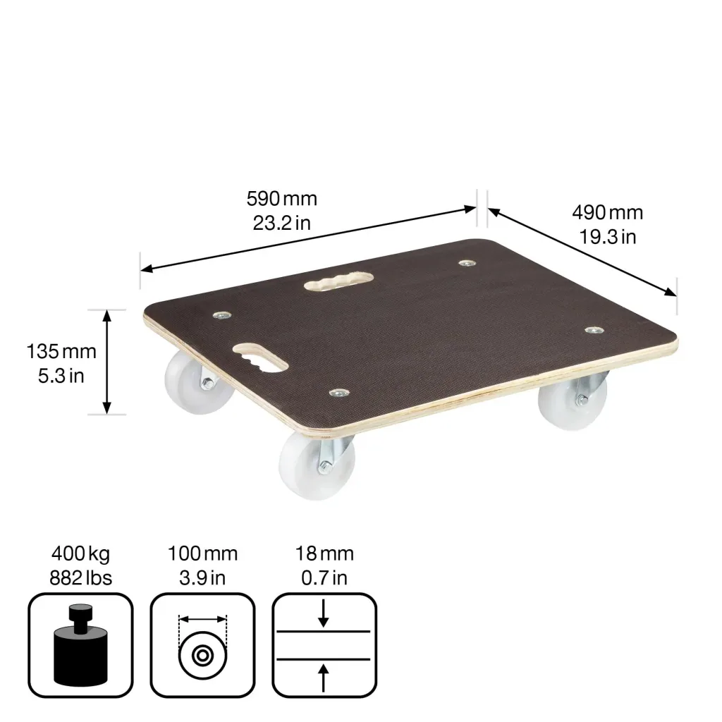 Transporthilfe MM 1113, 59 x 49 x 13,5 cm, harte Rollen Ø 100 mm, Rollenlager, Platte Maxigrip FSC®, Tragkraft 400 kg