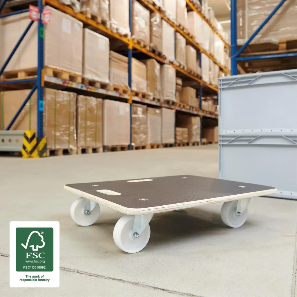 Transporthilfe MM 1113, 59 x 49 x 13,5 cm, harte Rollen Ø 100 mm, Rollenlager, Platte Maxigrip FSC®, Tragkraft 400 kg