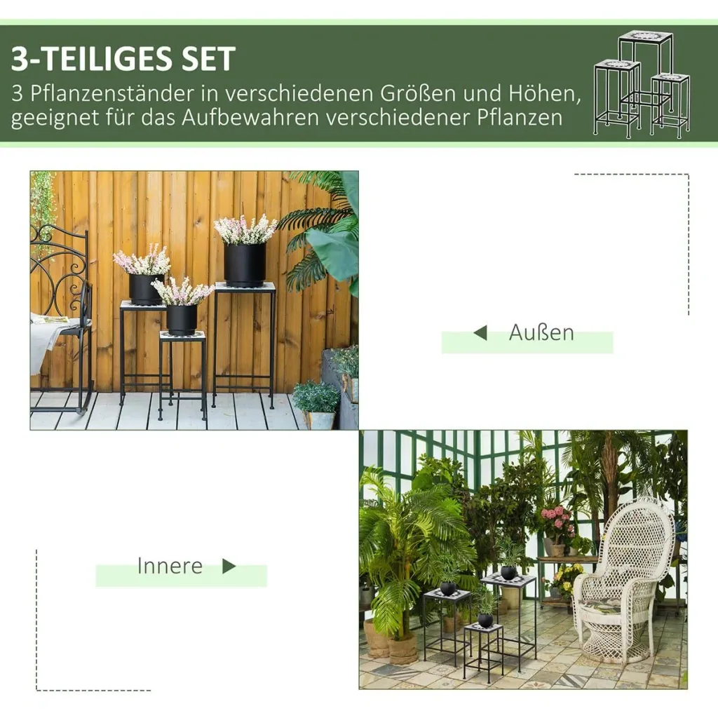 Blumenständer 3er Set aus Metall keramische Fliesen Stapelbar Pflanzenhocker für Blumentopf Schwarz+Weiß
