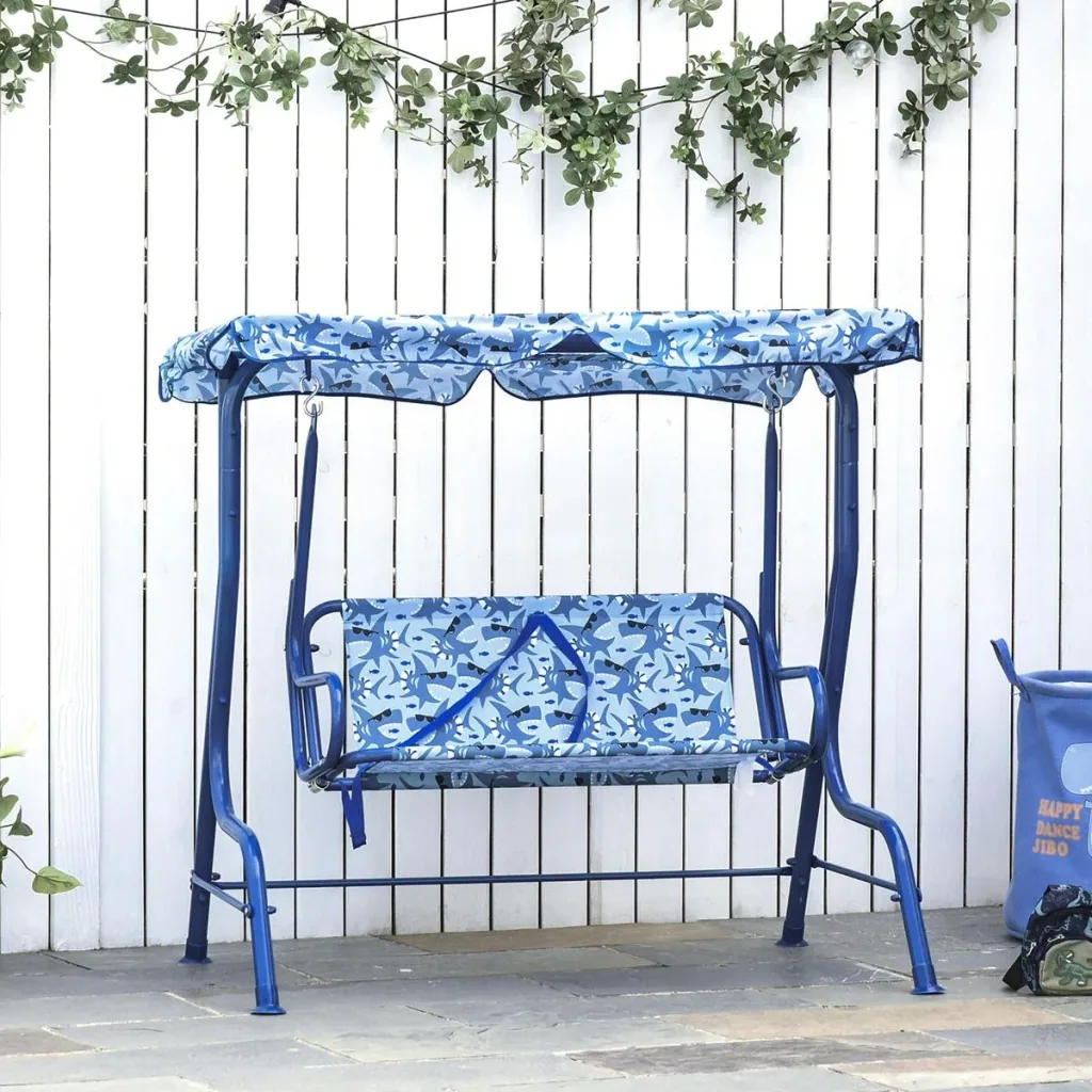 Kinder Hollywoodschaukel Kinderschaukel mit Sonnendach 2-Sitzer Gartenschaukel für 3-6 Jahre Metall Blau 110L x 70B x 11