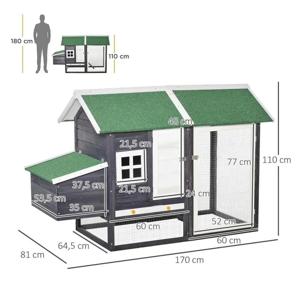 Hühnerstall modern Hühnerhaus mit Nistkasten und einem komplett überdachter Laufstall, Grau, Tannenholz, Metalldraht, As