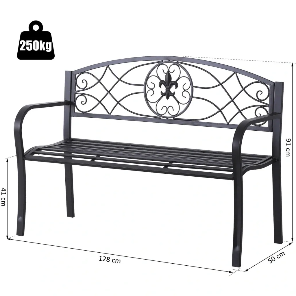 2-Sitzer Sitzbank Gartenbank mit Armlehne Metallbank Landhausstil Metall Schwarz 128 x 50 x 91 cm