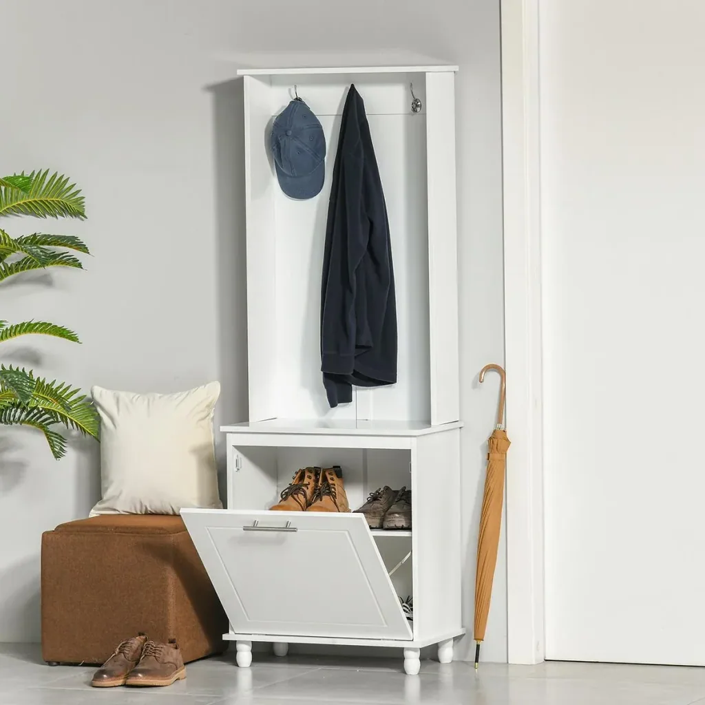 Garderobenständer Kleiderständer mit 3 Haken 4 Einlegeböden Schuhen Taschen Mäntel 2 in 1 Flur Wohnzimmer Weiß 60 x 35 x