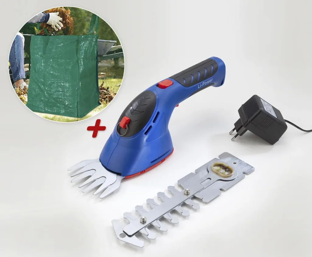 Akku Gras- und Strauchschere mit Li-Ionen Akku 3,6 Volt + Gartensack, 80 l