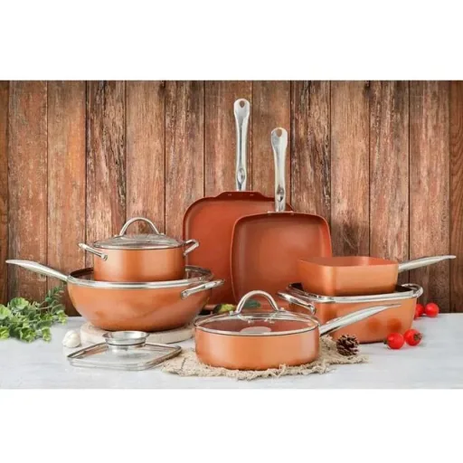 L 12-teiliges Kochgeschirr-Set - inklusive Deckel - Wokpfanne, Stieltopf, Grillpfanne, Bratpfanne - Kupfer - Aluminiumg