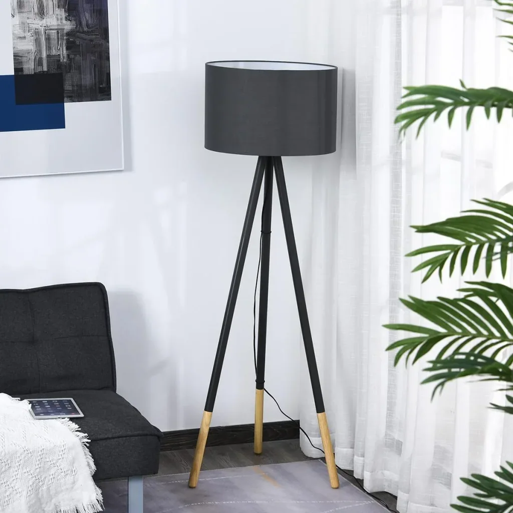 Design-Stehlampe mit Dreibein und Fußschalter Grau
