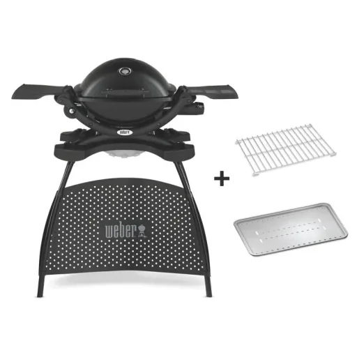 Gasgrill Q 1200 Stand, Black mit Hitzeschild und Bratenrost