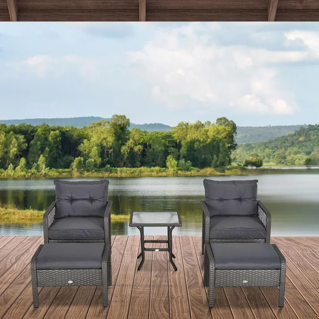 Rattan Gartenmöbel für 4 Personen 5-tlg. Outdoor-Sitzgarnitur Sofa mit Hocker Tisch Sitzgruppe Stahl Grau 65 x 66 x 75 c