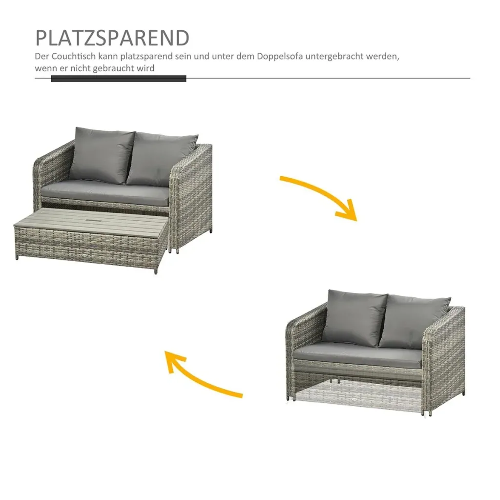 Polyrattan Sitzgarnitur 4 tlg. Sitzgruppe Gartenset Doppelsofa mit Hocker Tisch Sofagarnitur Gartenmöbel Set Lounge Grau