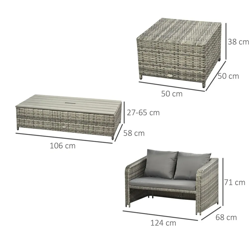 Polyrattan Sitzgarnitur 4 tlg. Sitzgruppe Gartenset Doppelsofa mit Hocker Tisch Sofagarnitur Gartenmöbel Set Lounge Grau