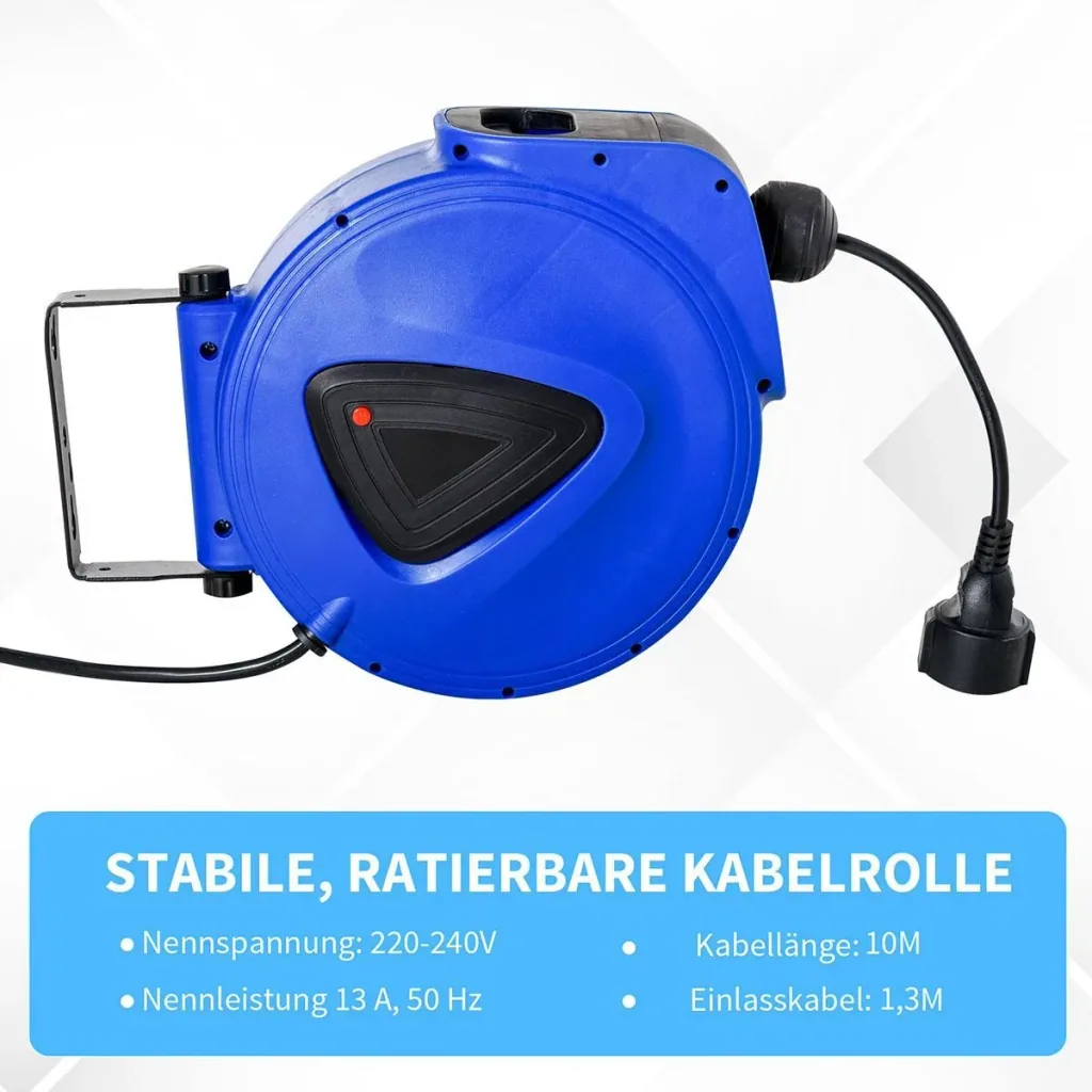 Kabeltrommel 10 m+1.3 m Leitung Automatik Kabelaufroller Outdoor Aufroll stromkabel drehbar Wandhalterung, PP, Gummi, Me