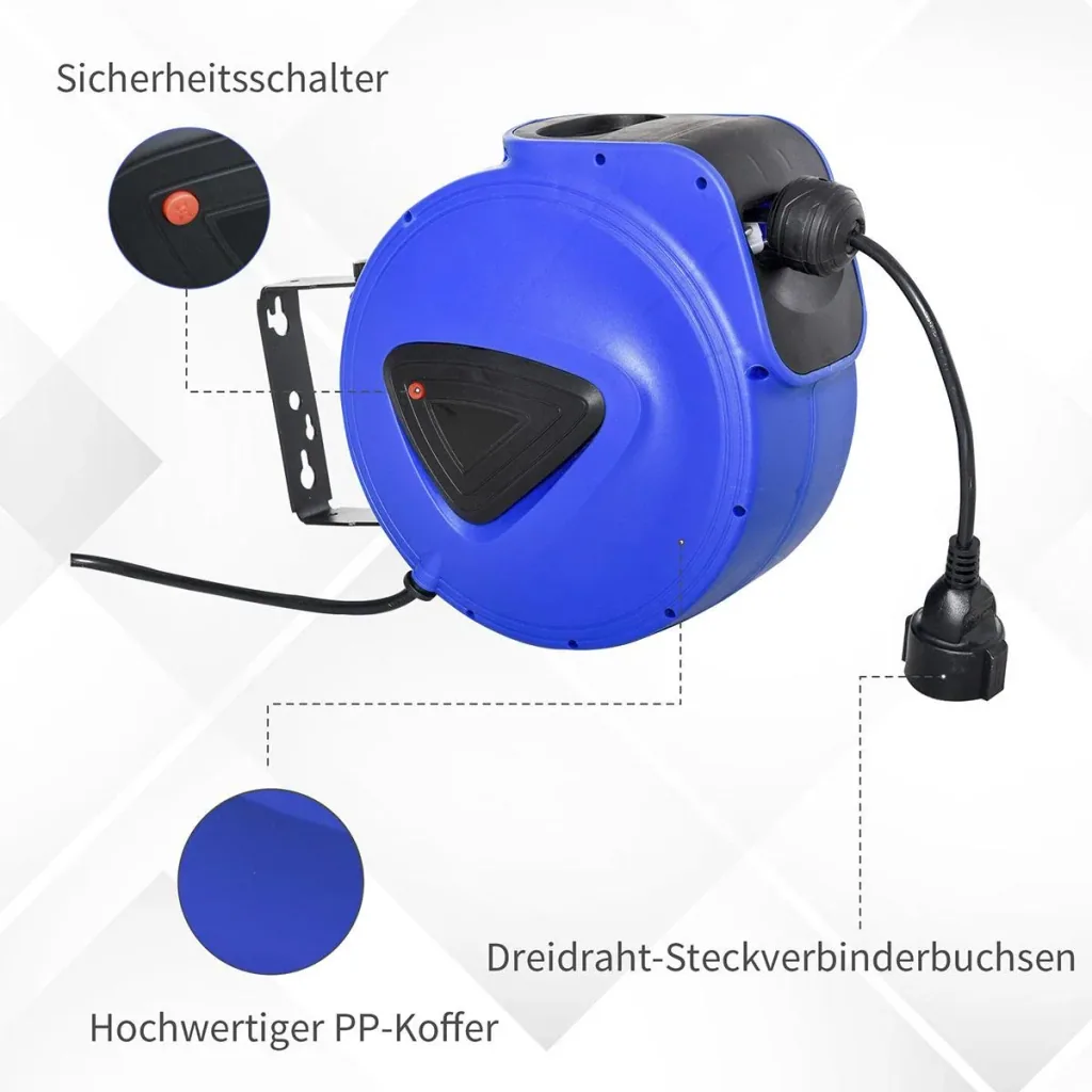 Kabeltrommel 10 m+1.3 m Leitung Automatik Kabelaufroller Outdoor Aufroll stromkabel drehbar Wandhalterung, PP, Gummi, Me