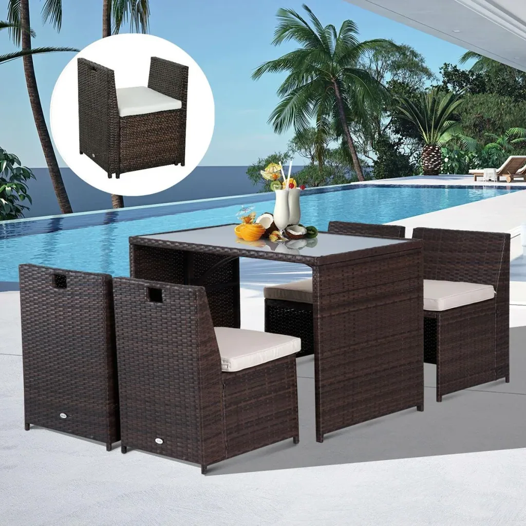 Polyrattan Garnitur als 5-teiliges Set braun/cremeweiß