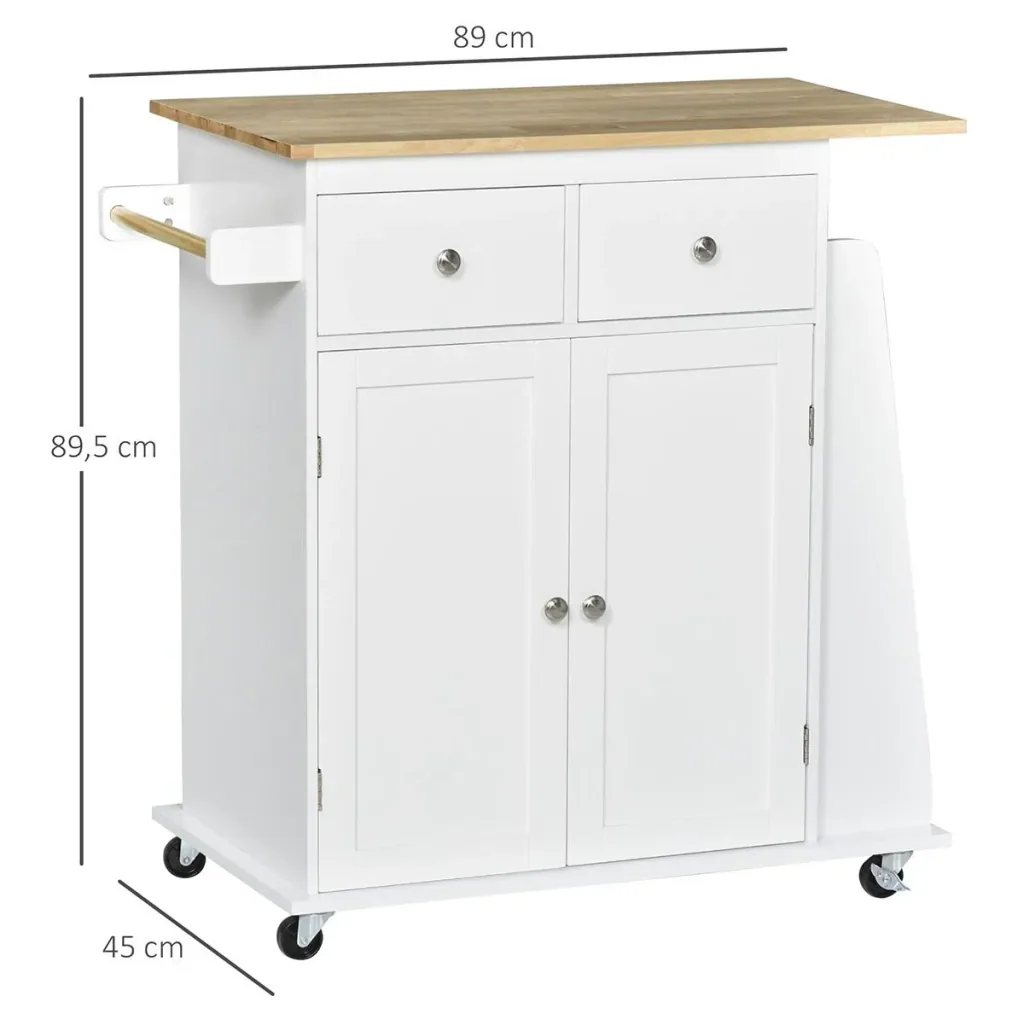 Küchenwagen mit Rollen, Servierwagen mit Gewürzregal, Küchenhilfe, P2 MDF, Gummiholz, Weiß+Natur, 89 x 45 x 89,5 cm