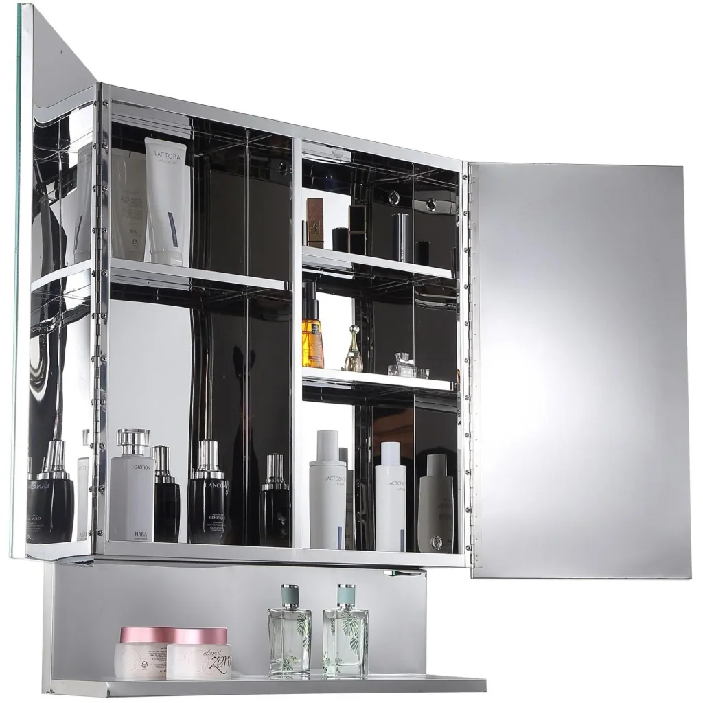 Spiegelschrank Glasschrank mit Haken Badezimmerschrank Wandmontage Edelstahl Silber B60 x H70 x T13 cm