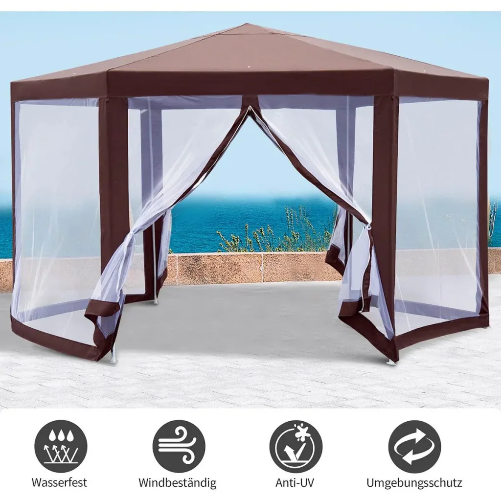 Pavillon Gartenpavillon mit Moskitonetz Partyzelt Gartenzelt Festzelt Zelt 6-eckig Polyester+Metall Braun 390x390x250cm