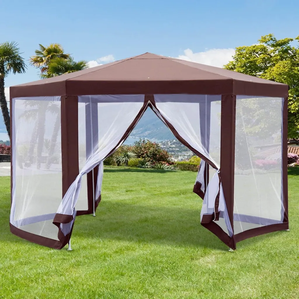 Pavillon Gartenpavillon mit Moskitonetz Partyzelt Gartenzelt Festzelt Zelt 6-eckig Polyester+Metall Braun 390x390x250cm