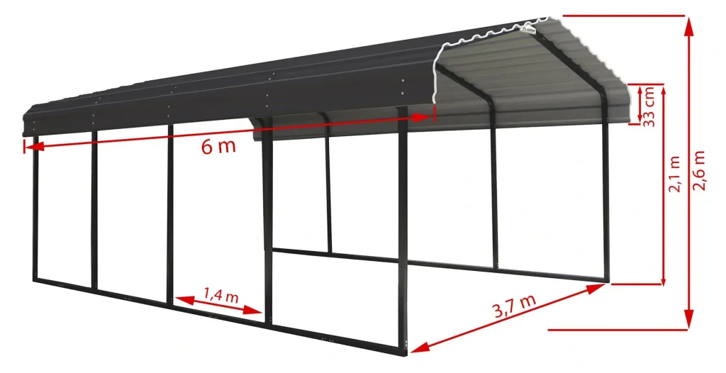Stahlcarport und Autogarage Rom grau/schwarz, 600x370x260 cm