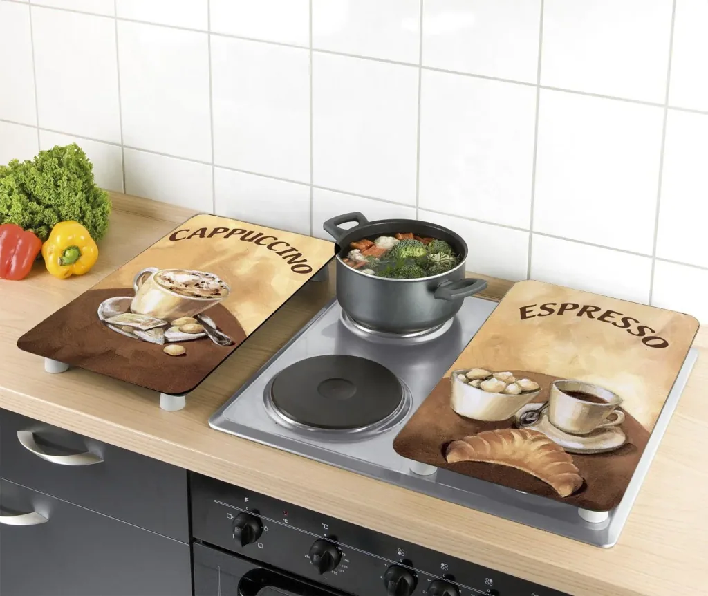 3 in 1 Herd-Abdeckplatten, Schneidbretter, Arbeitsplatten, Glas, Kaffee-Design, je 52 x 30 cm, 2er-Set