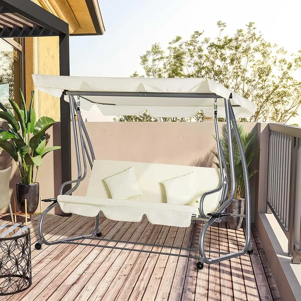 Schaukelstuhl 3-Sitzer Hollywoodschaukel Gartenschaukel mit Sitz- und Rückenlehnen Tablett Sitzbank Schwingbank Dachwink